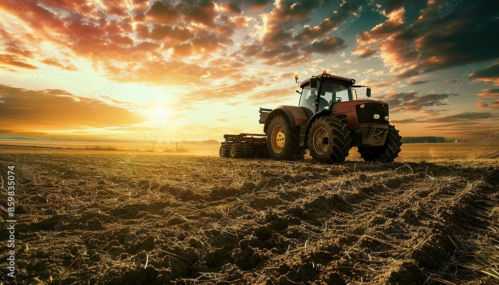Fototapeta premium Tractor in a Field at Sunset
