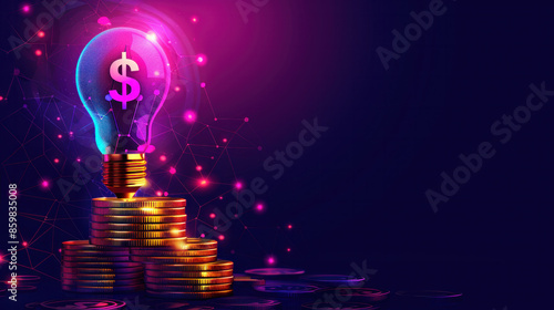A light bulb is on top of a pile of coins. Concept of wealth and prosperity