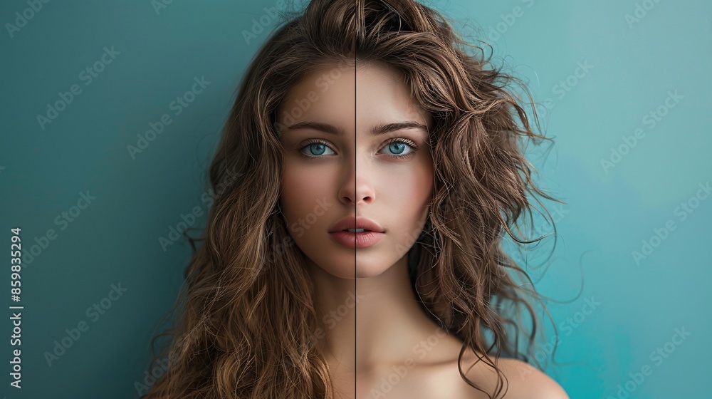 Naklejka premium Before and after retouching. Portrait of beautiful young woman looking at camera.