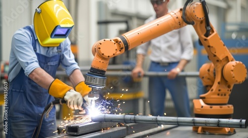 Industrial Robot Arm Welds Metal Pipe.