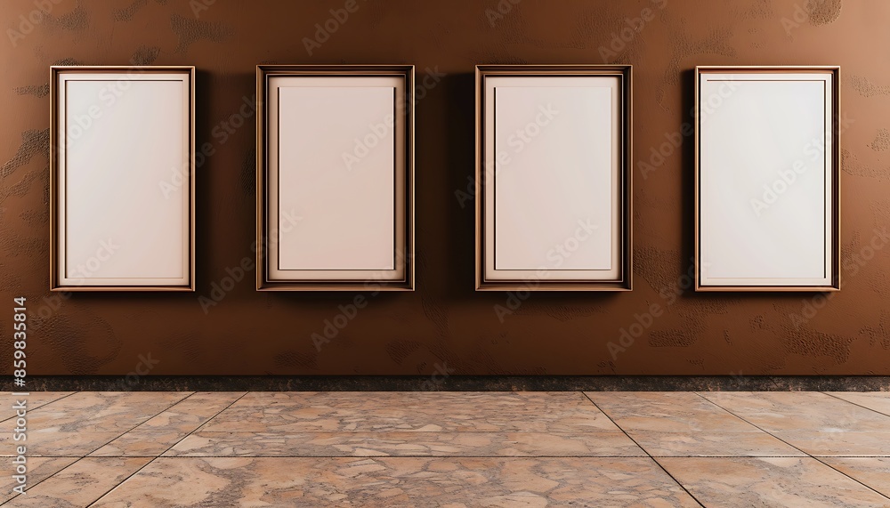 Four slim, empty picture frames of varying widths, arranged vertically on a rich chocolate brown wall in an upscale art gallery, with a smooth stone floor. Four slim, empty picture frames of varying widths, arranged vertically on a rich chocolate brown wall in an upscale art gallery, with a smooth stone floor.