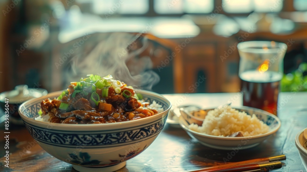 Boiled pork rice served in a bowl in a traditional restaurant atmosphere. Boiled pork rice served in a bowl in a traditional restaurant atmosphere.