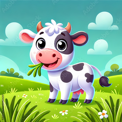 cute cow in the farm eating illustration 2d photo