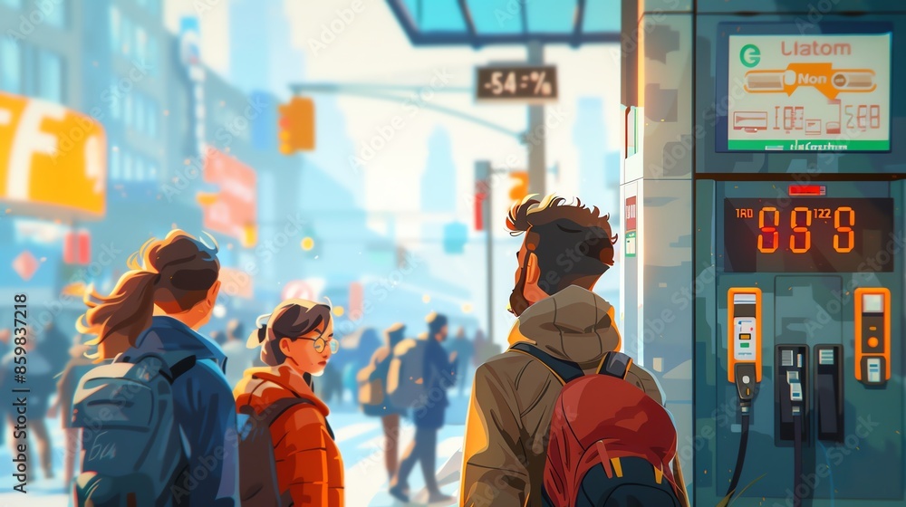 Commuters looking at gas price signs in a busy city, detailed expressions, vibrant urban setting Commuters looking at gas price signs in a busy city, detailed expressions, vibrant urban setting