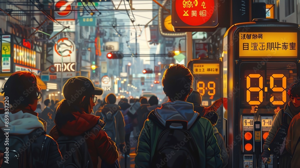 Commuters looking at gas price signs in a busy city, detailed expressions, vibrant urban setting Commuters looking at gas price signs in a busy city, detailed expressions, vibrant urban setting