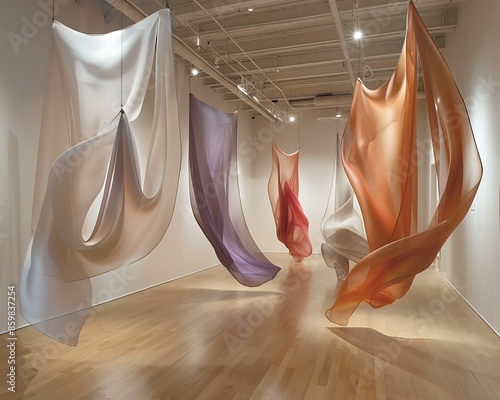 Interior view of an art gallery showcasing a series of abstract fabric installations, each piece draped and hung to create fluid, organic shapes.