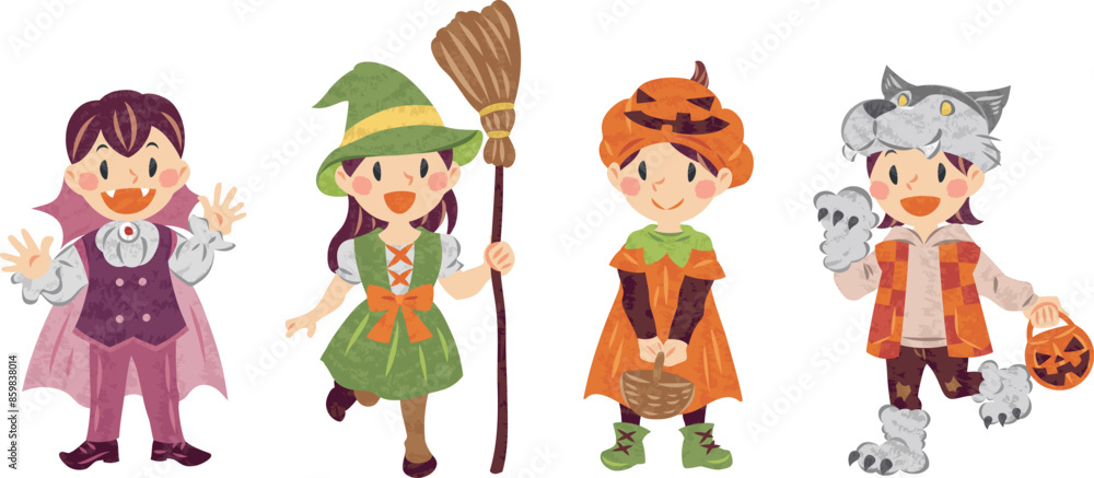 Fototapeta premium 10月 ハロウィーン 仮想衣装を着た子供たちのイラスト
