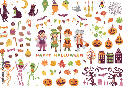 10月　ハロウィーン　仮想衣装を着た子供たち　ジャックオランタン　イラスト素材セット