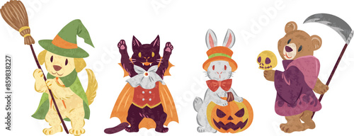 10月　ハロウィーン　仮想衣装を着た動物たちのイラスト