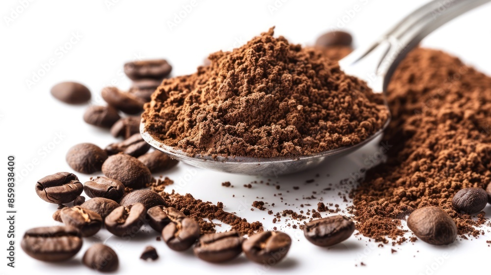 A spoonful of coffee grounds is spread out on a white surface A spoonful of coffee grounds is spread out on a white surface