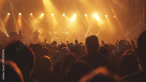 Numerous spectators observing a music group on stage