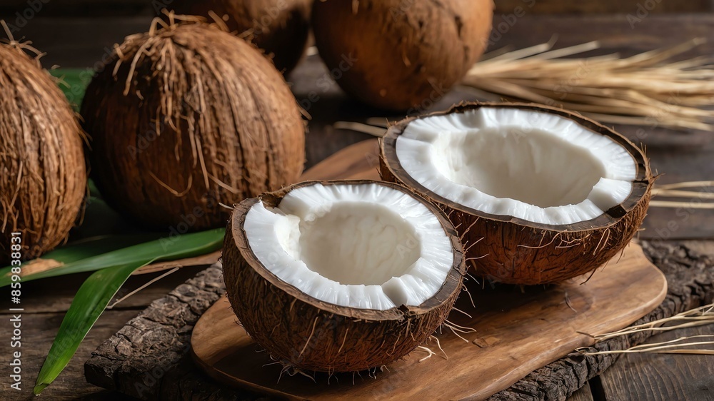 coconut fruit served in wooden plate and wooden table coconut fruit served in wooden plate and wooden table