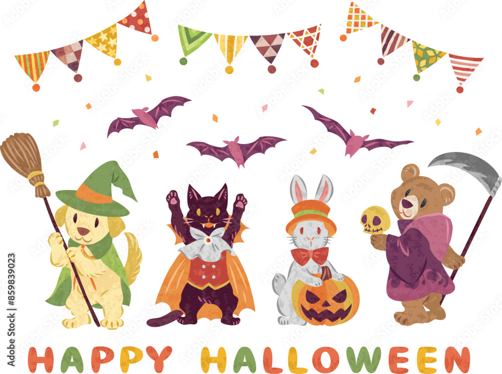 Fototapeta premium 10月 ハロウィーン 仮想衣装を着た動物たちのイラスト