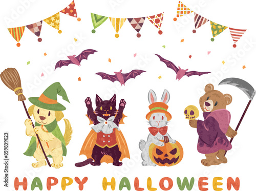 10月　ハロウィーン　仮想衣装を着た動物たちのイラスト