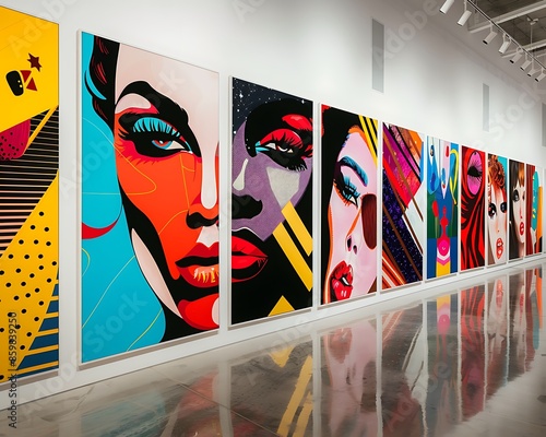 Perspective shot of a gallery displaying oversized, colorful pop culture posters, each designed with bold graphics and sharp lines against a plain background. 