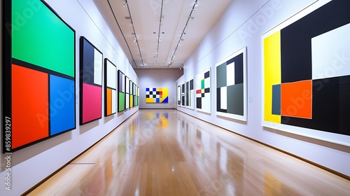 Perspective view of an art gallery with alternating colorful and black and white geometric paintings, creating a visual rhythm along the gallery wall.