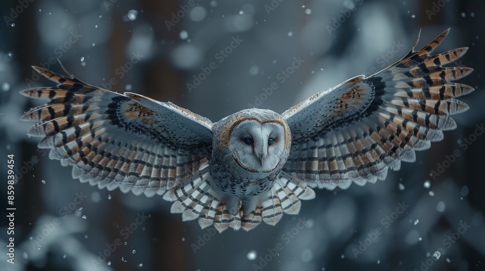 Fototapeta premium Hunting Barn Owl in flight. Wildlife scene from wild forest