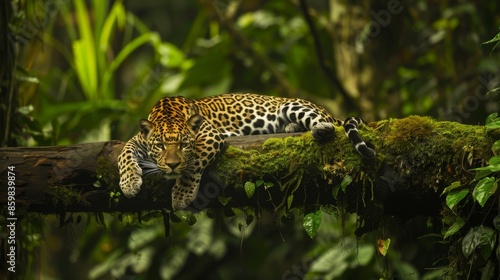 Leopard relax in the rain forest on the timber with moss © Adi