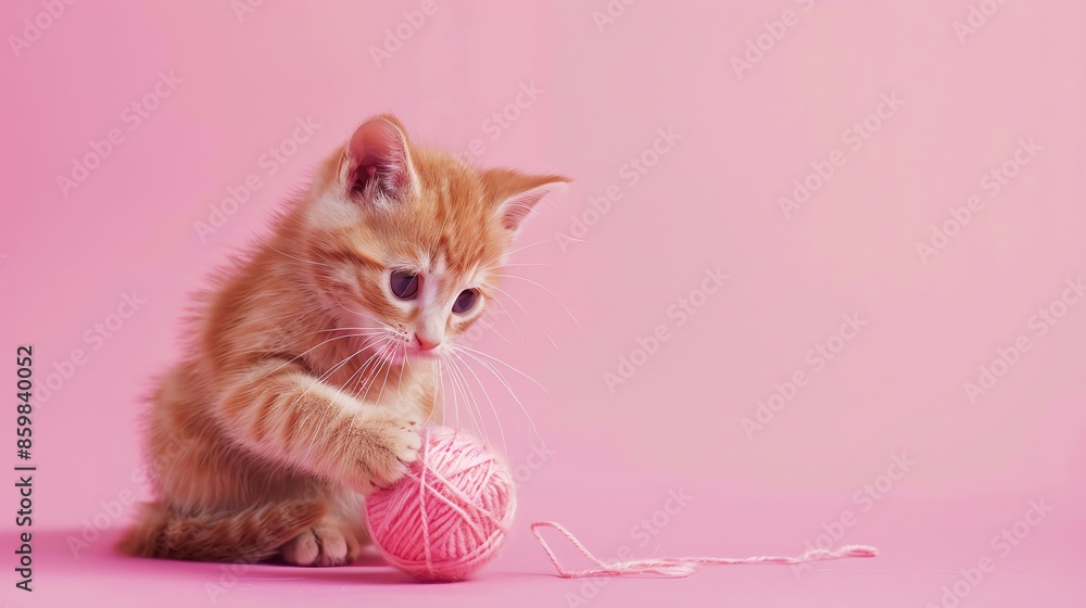 A cute, orange tabby kitten plays with a pink ball of yarn. A cute, orange tabby kitten plays with a pink ball of yarn.