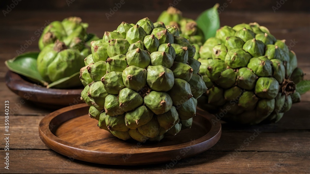 Fototapeta premium sugar apple sweetsop fruit served in wooden plate and wooden table