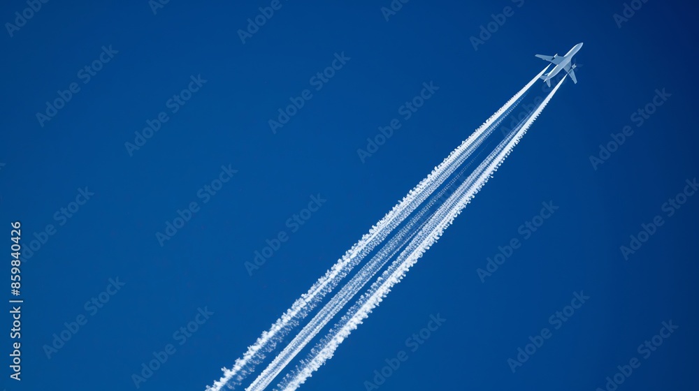 A plane flying in a clear blue sky, leaving a contrail behind it. A plane flying in a clear blue sky, leaving a contrail behind it.