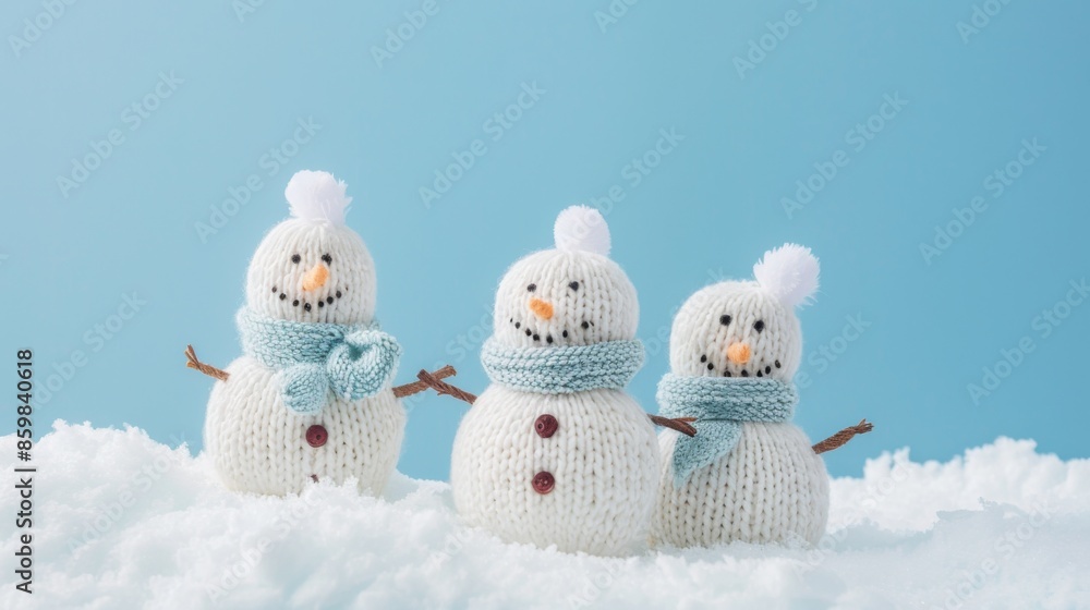 little knitted snowmans on soft snow on blue background little knitted snowmans on soft snow on blue background