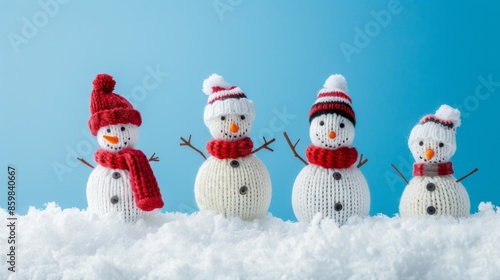 little knitted snowmans on soft snow on blue background