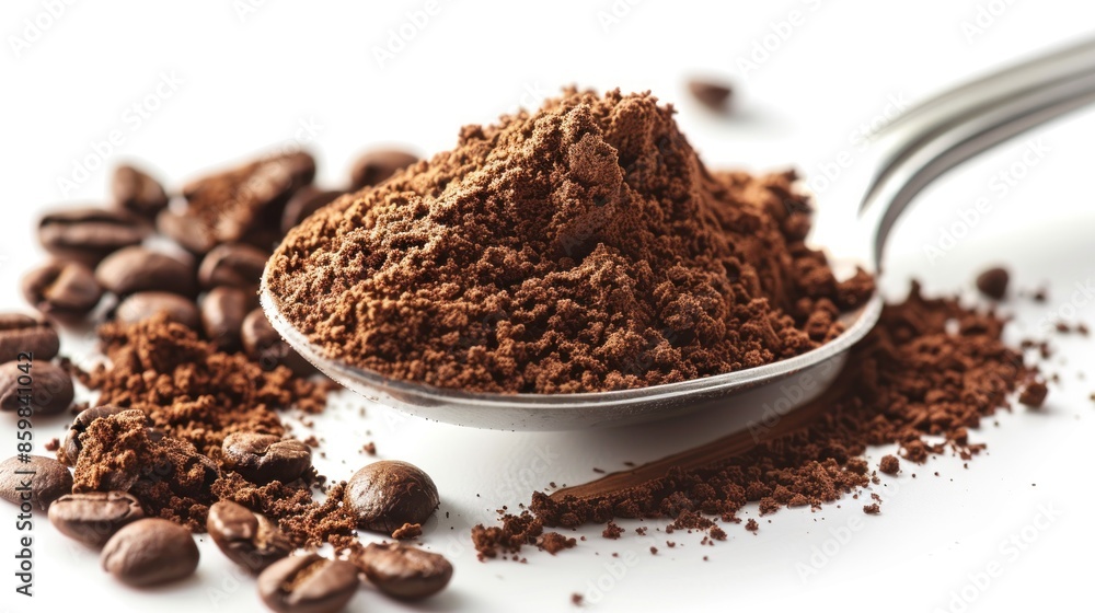 A spoonful of coffee grounds is spread out on a white surface A spoonful of coffee grounds is spread out on a white surface