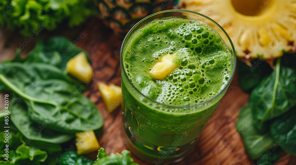 A glass of green smoothie with pineapple and spinach leaves on the wooden table A glass of green smoothie with pineapple and spinach leaves on the wooden table