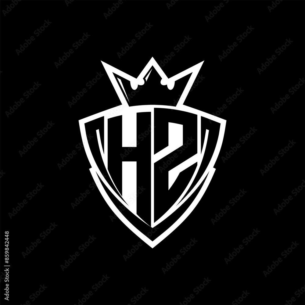 HZ Letter logo with sharp triangle shield shape with crown inside white outline on black background template design HZ Letter logo with sharp triangle shield shape with crown inside white outline on black background template design