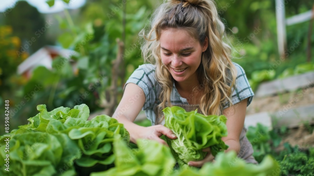 Fototapeta premium pretty blonde young woman harvesting fresh lettuce from raised bed, vegetable patch in garden and is happy