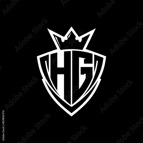 HG Letter logo with sharp triangle shield shape with crown inside white outline on black background template design