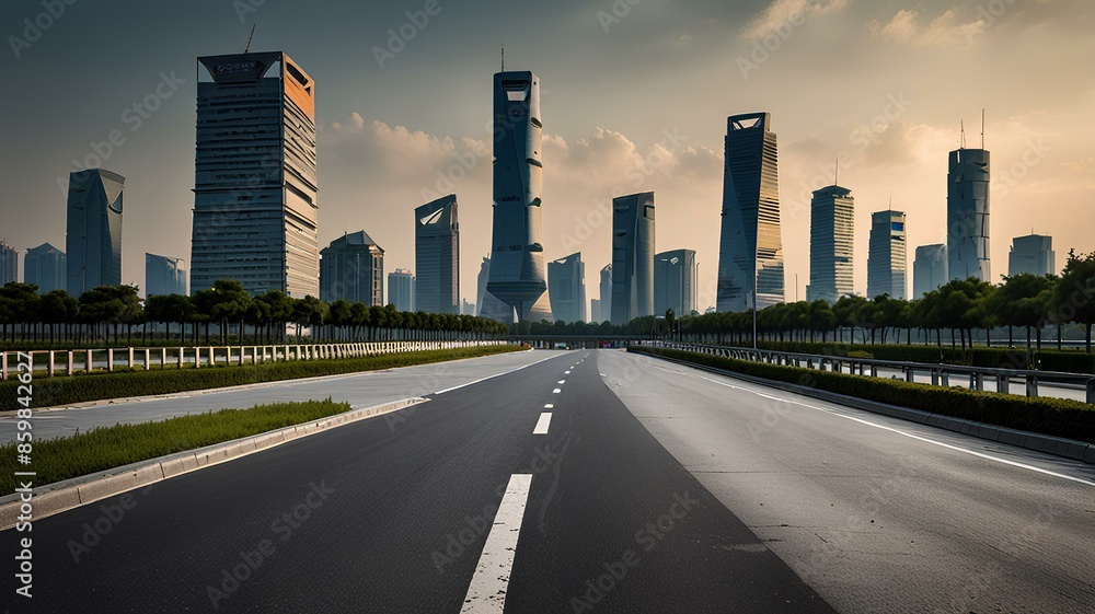 An asphalt road ground scene with the city skyline of Suzhou, China, is illustrated An asphalt road ground scene with the city skyline of Suzhou, China, is illustrated