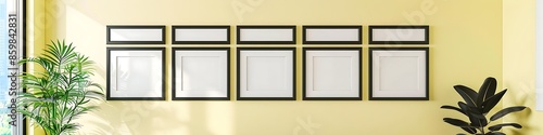 Six black frames on a light lemon wall, cheerful and light living room photo