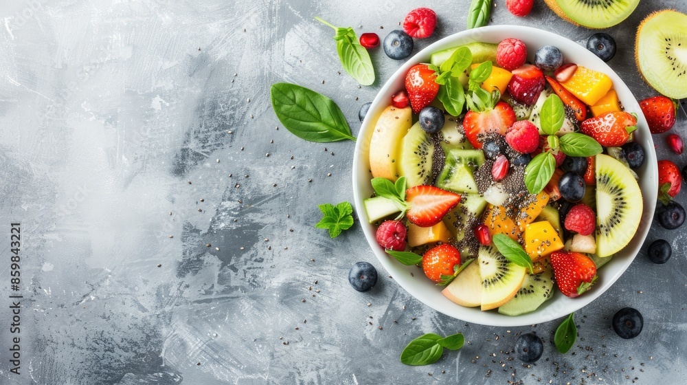 Organic fruit salad with Chia seeds on grey background A nutritious morning meal idea with copy space viewed from above Organic fruit salad with Chia seeds on grey background A nutritious morning meal idea with copy space viewed from above