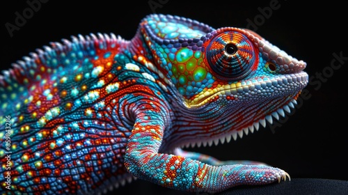 realistic multicolored chameleon with iridescent skin in speckles over black background © Adi