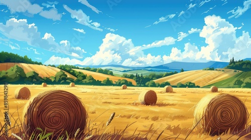 Agricultural landscape with haystacks and clear blue sky