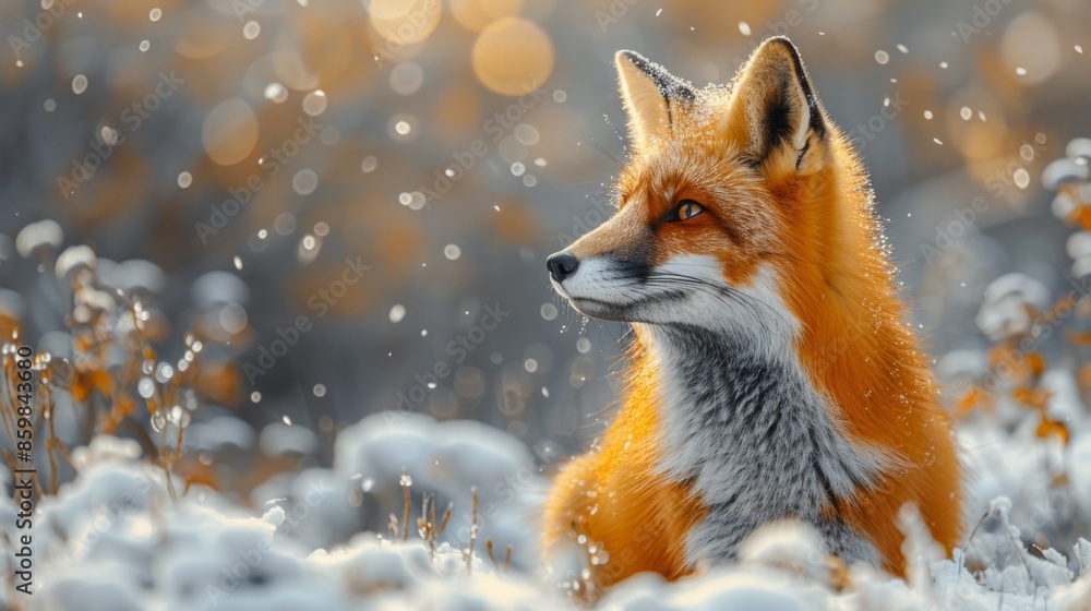 Fototapeta premium Red Fox hunting, Vulpes vulpes. Orange fur coat animal in the nature habitat. Fox on the winter forest meadow, with white snow