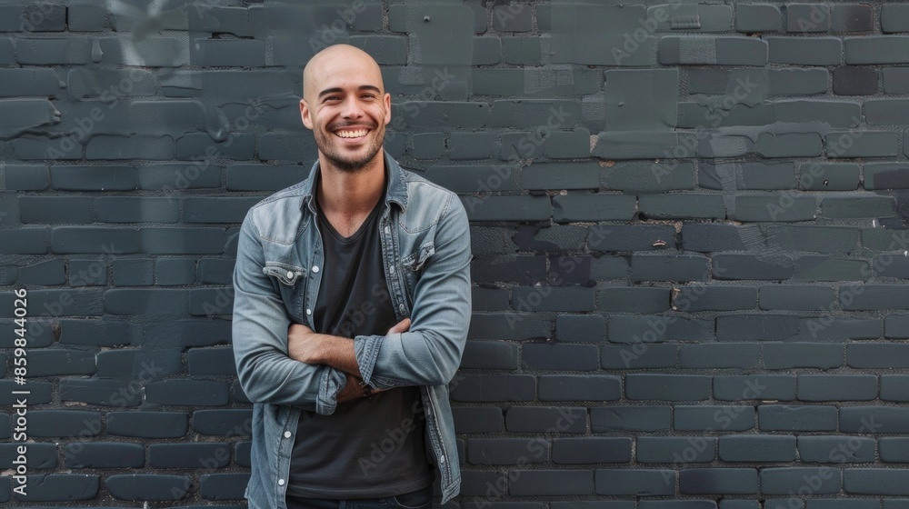 Minimal waist up portrait of positive mature bald man smiling at camera while standing confidently with arms crossed, copy space Minimal waist up portrait of positive mature bald man smiling at camera while standing confidently with arms crossed, copy space