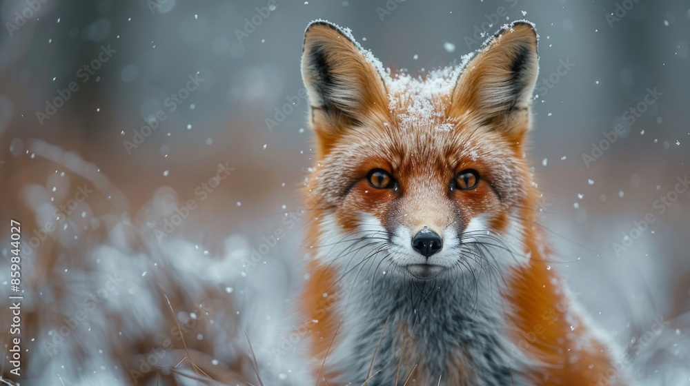 Red Fox hunting, Vulpes vulpes. Orange fur coat animal in the nature habitat. Fox on the winter forest meadow, with white snow Red Fox hunting, Vulpes vulpes. Orange fur coat animal in the nature habitat. Fox on the winter forest meadow, with white snow