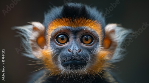 Red-shanked douc langurs, Pygathrix namaeus, detail portrait of cute rare andemic monkey in the nature habitat