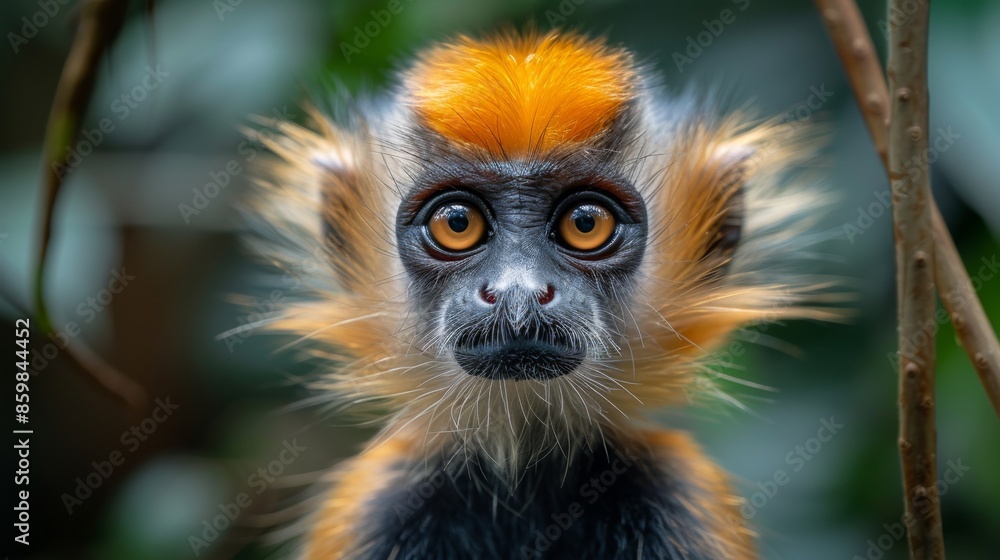 Obraz premium Red-shanked douc langurs, Pygathrix namaeus, detail portrait of cute rare andemic monkey in the nature habitat