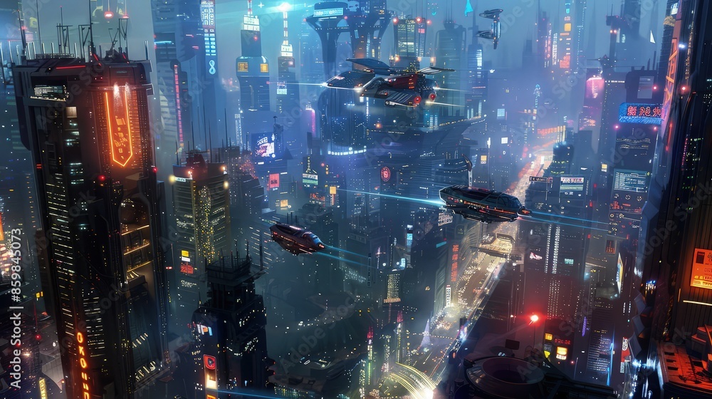 A futuristic shooter game environment, showcasing a high-tech cityscape at night with neon lights, hovering vehicles, and towering skyscrapers. A futuristic shooter game environment, showcasing a high-tech cityscape at night with neon lights, hovering vehicles, and towering skyscrapers.