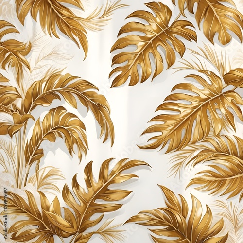 Luxurious golden tropical leaves on a white background. Vector botanical floral art banner in gold color in art line style Generative AI