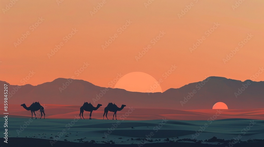 Obraz premium Sunset over Camel Caravan in Desert Landscape