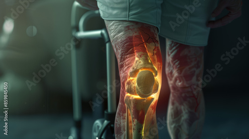 Digital composite of a highlighted, bruised knee after knee replacement surgery. Photo with person using a walker. photo