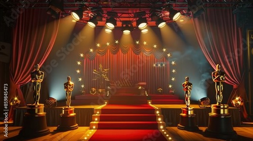A glamorous Hollywood-themed birthday stage with vintage spotlights, a red carpet leading to a velvet-curtained stage, and golden statuettes lining the sides.