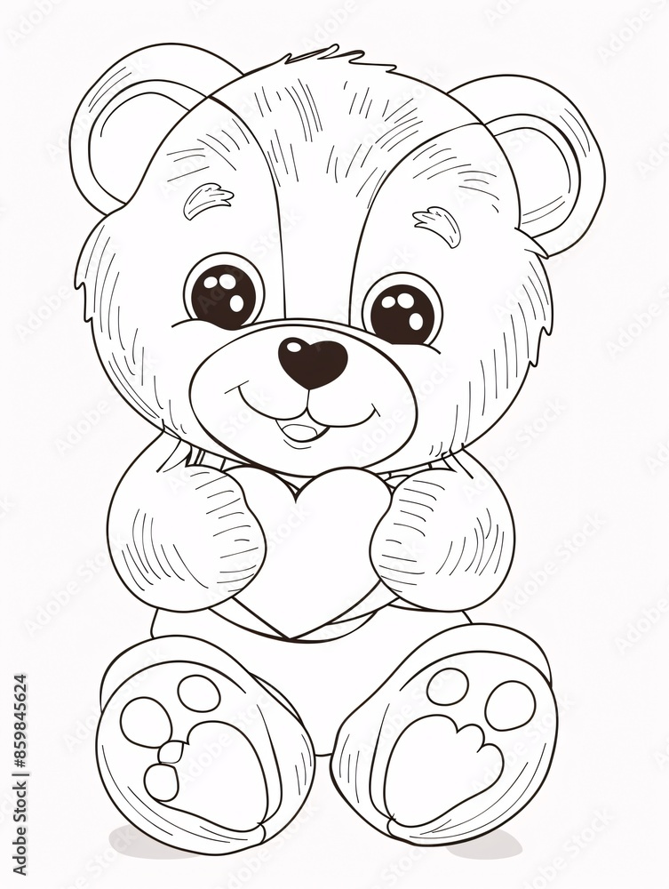 Fototapeta premium A playful outline of a cute teddy bear holding a heart, perfect for young kids to color.