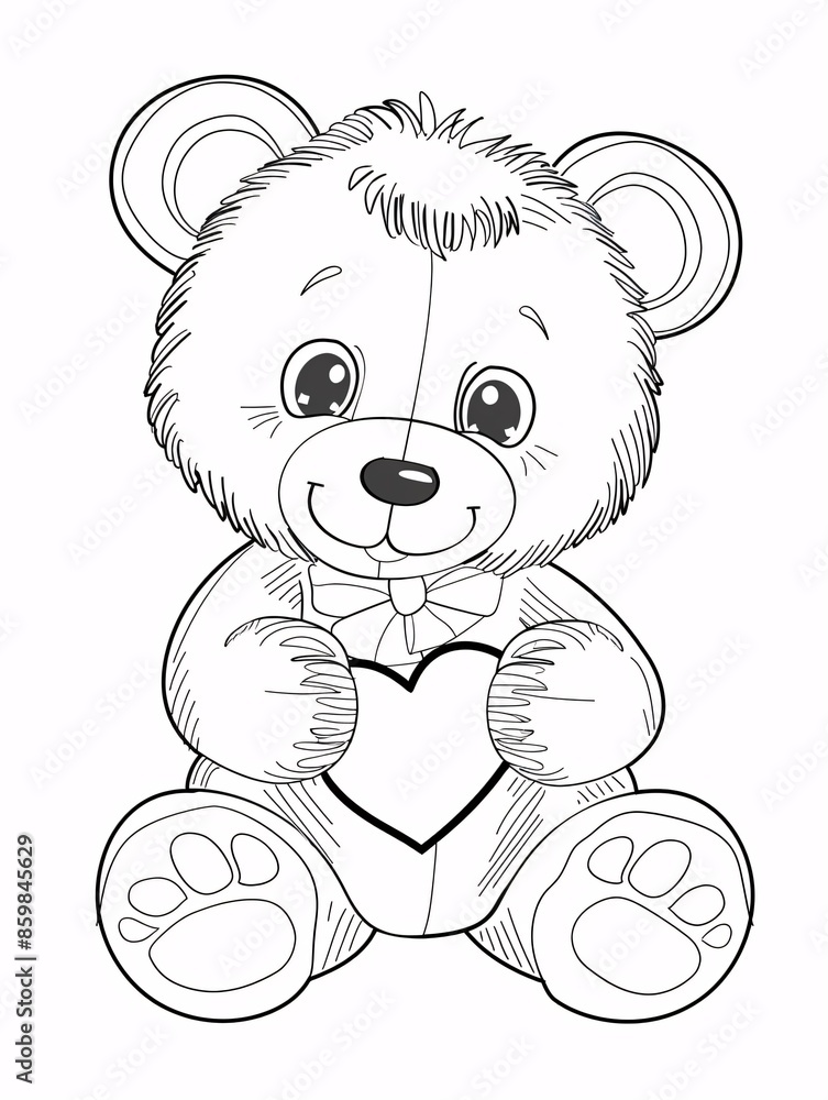 Obraz premium A playful outline of a cute teddy bear holding a heart, perfect for young kids to color.