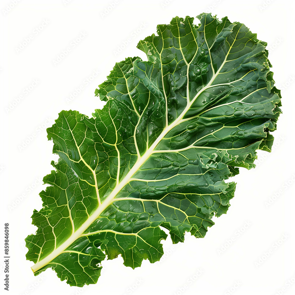 A green leaf of kale is shown against a white background A green leaf of kale is shown against a white background